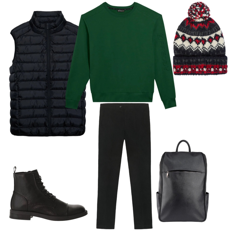 Outfit uomo - Urban Wild: Il Ritmo della Città. Stile Urban per Tutti i giorni. Abbinamento con anfibi, piumini, felpe, borse sportive, berretti, pantaloni chino.