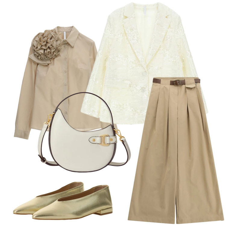 Outfit donna - Total look #2339104. Stile Chic per Tutti i giorni. Abbinamento con camicie, blazer, pantaloni a palazzo, ballerine, borse a tracolla.