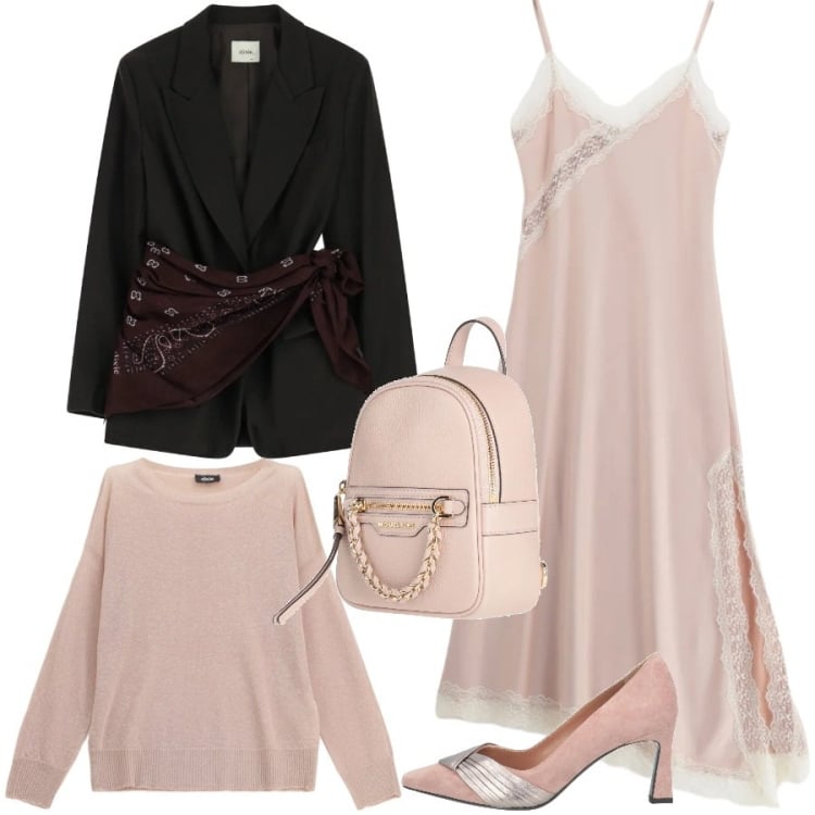 Outfit donna - Romantico tono su tono. Stile Glamour per Serata fuori. Abbinamento con décolleté, zaini, vestiti lunghi, maglieria, blazer.