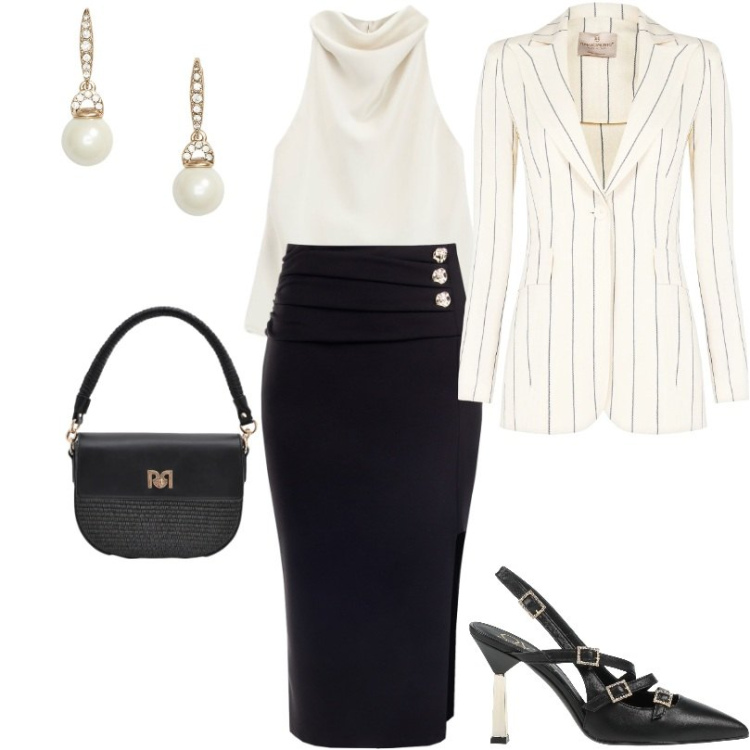 Outfit donna - Capi eleganti e moderni. Stile Chic per Tutti i giorni. Abbinamento con décolleté, top, borse a spalla, blazer, gonne longuette, orecchini.
