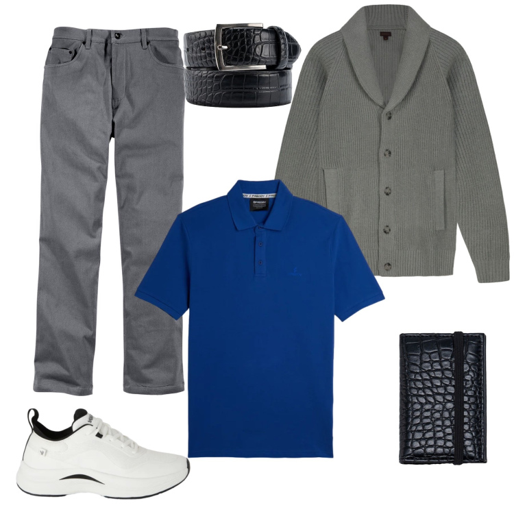 Outfit uomo - Electric Rebel. Stile Urban per Tutti i giorni. Abbinamento con pantaloni, sneakers, polo, cinture, cardigans, portafogli.