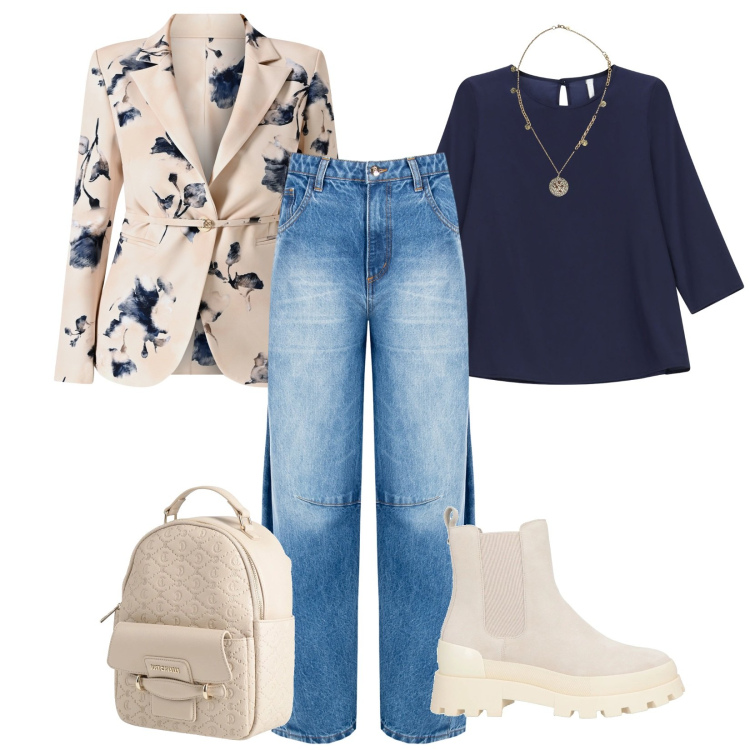 Outfit donna - Ufficio Smart. Stile Casual chic per Tutti i giorni. Abbinamento con stivaletti chelsea, zaini, bluse, ciondoli, jeans, blazer.