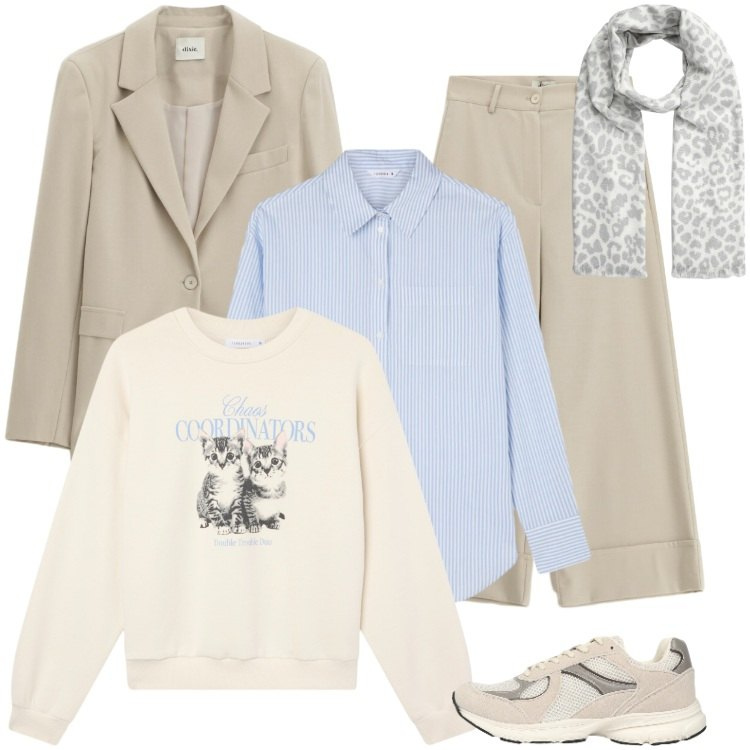 Outfit donna - Total look #2339114. Stile Boho per Ufficio. Abbinamento con sciarpe, camicie, felpe, sneakers, pantaloni a palazzo, blazer.