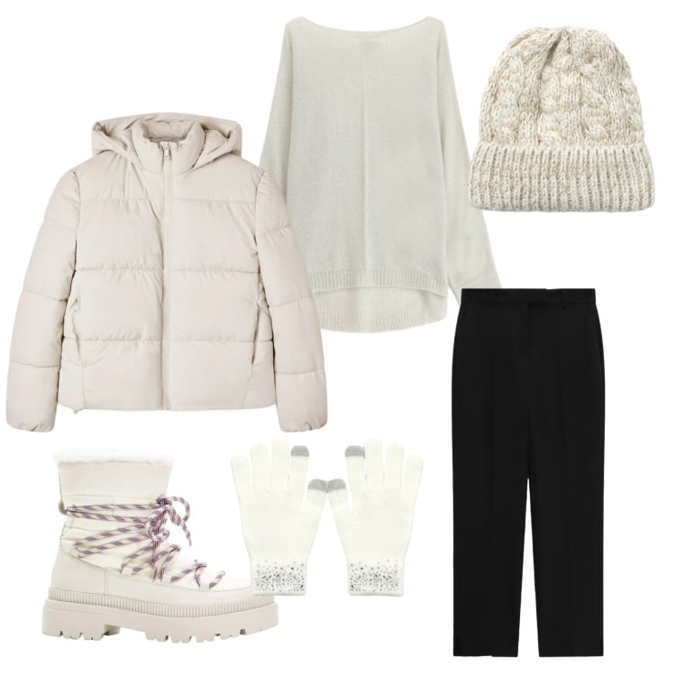 Outfit donna - Luce e Comfort ad Alta Quota. Stile Sporty chic per Tutti i giorni. Abbinamento con stivali da neve, pantaloni, bomber, berretti, guanti, maglieria.