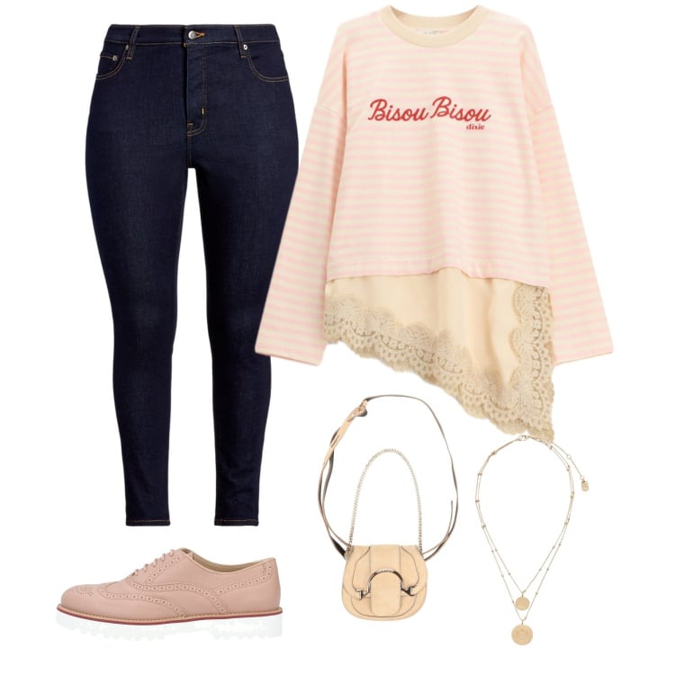 Outfit donna - Rosé chic. Stile Casual chic per Tutti i giorni. Abbinamento con scarpe stringate, marsupi, ciondoli, jeans skinny, t-shirt.