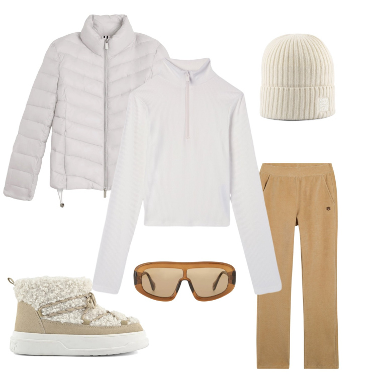 Outfit donna - Snow Caramel. Stile Sporty chic per Tutti i giorni. Abbinamento con occhiali da sole, felpe sportive, pantaloni, piumini, berretti, stivaletti.