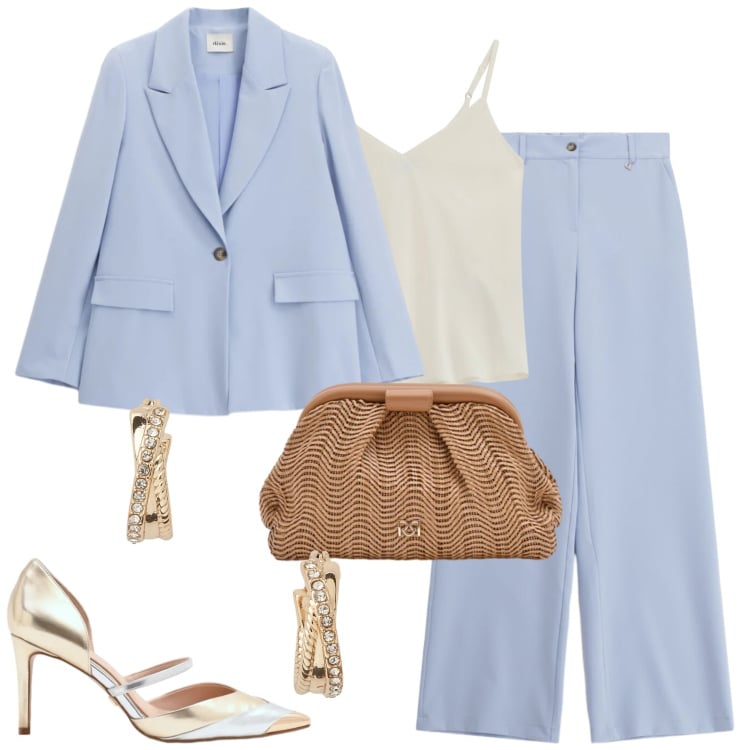 Outfit donna - Femminile. Stile Chic per Cerimonia. Abbinamento con pochette, décolleté, orecchini, pantaloni a palazzo, blazer, top.
