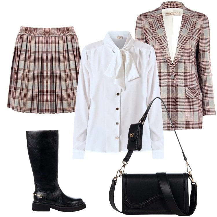 Outfit donna - Total look #2339126. Stile Preppy per Scuola/Università. Abbinamento con pochette, minigonne, blazer, stivali sopra il ginocchio, bluse.