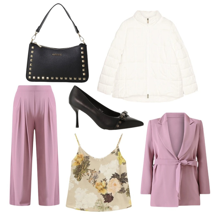 Outfit donna - Total look #2339127. Stile Chic per Serata fuori. Abbinamento con top, décolleté, pochette, piumini, blazer, pantaloni a palazzo.