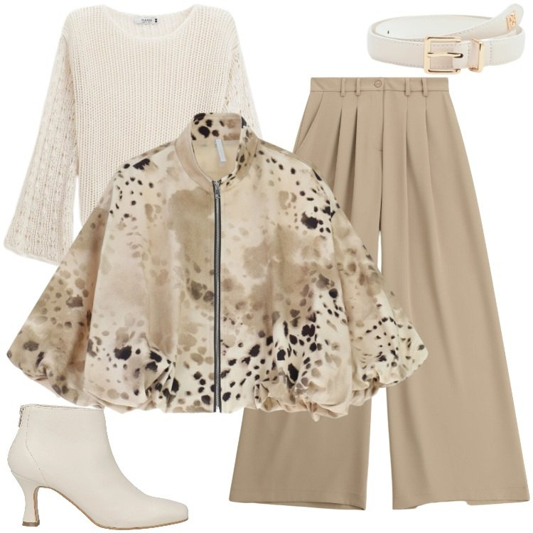 Outfit donna - Total look #2339129. Stile Urban per Cerimonia. Abbinamento con stivaletti, bomber, pantaloni a palazzo, maglieria, cinture.