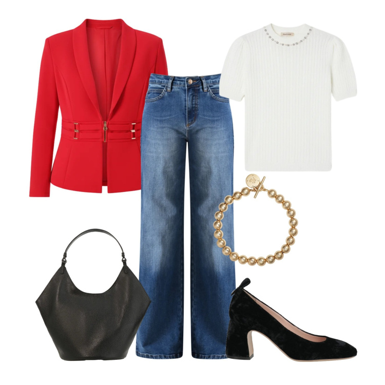 Outfit donna - Red attitude. Stile Casual chic per Ufficio. Abbinamento con décolleté, borse a spalla, blazer, pullovers, jeans, braccialetti.