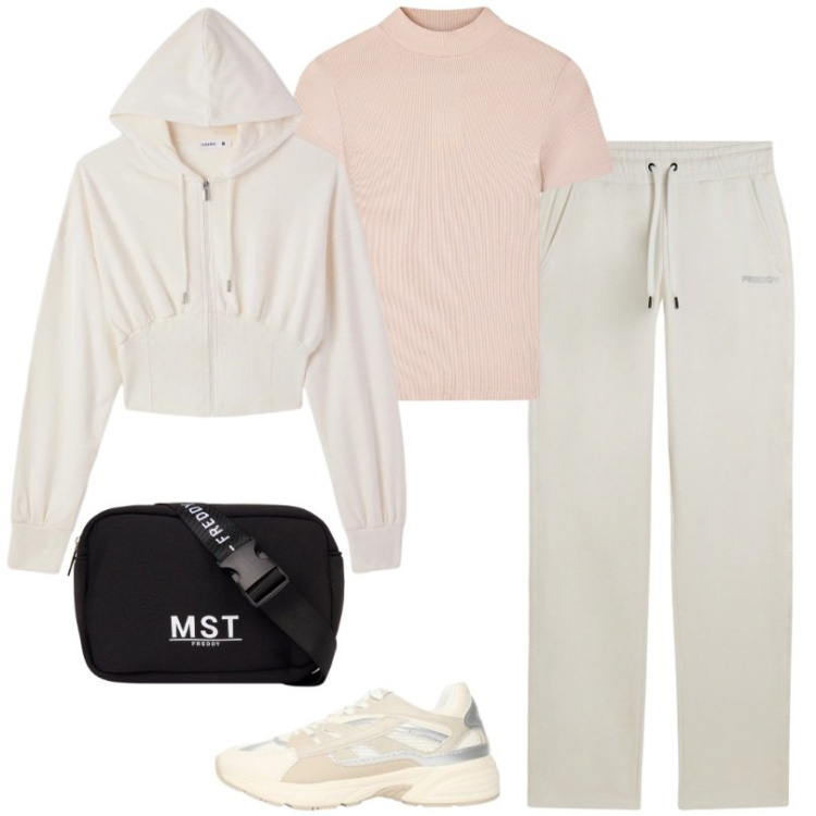 Outfit donna - Felpa corsetto con cappuccio bianca. Stile Basic per Sport. Abbinamento con t-shirt, sneakers, felpe con cappuccio, pantaloni, borse sportive.