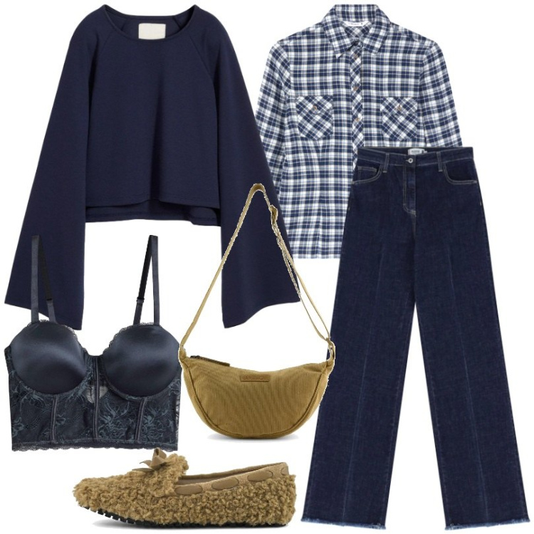 Outfit donna - Total look #2339137. Stile Casual per Tutti i giorni. Abbinamento con cappe, reggiseni a balconcino, camicie, jeans, borse a tracolla, mocassini.