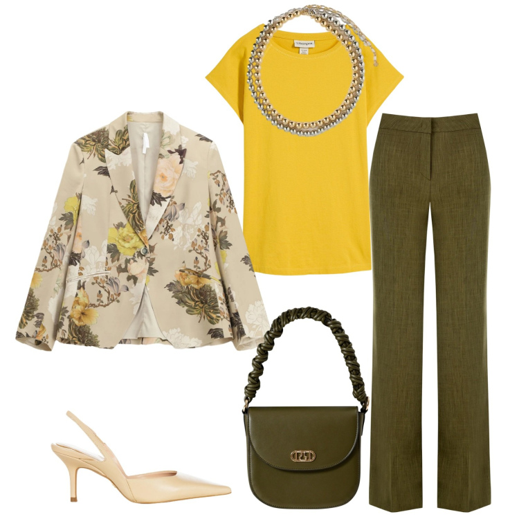 Outfit donna - Total look #2339139. Stile Casual chic per Ufficio. Abbinamento con t-shirt, blazer, collane, pantaloni a palazzo, décolleté, borse a mano.
