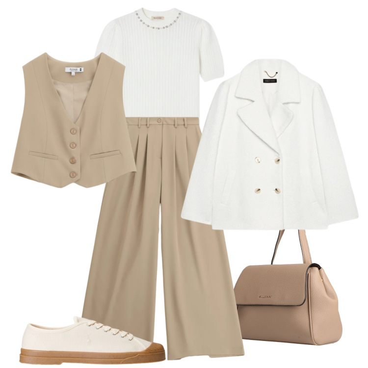 Outfit donna - Soft nuance. Stile Casual chic per Tutti i giorni. Abbinamento con zaini, caban, pantaloni a palazzo, gilet, pullovers, sneakers.