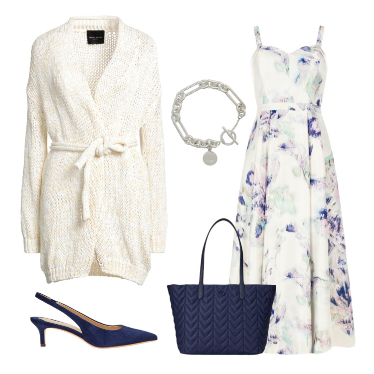 Outfit donna - Spring shopping. Stile Chic per Tutti i giorni. Abbinamento con cardigans, vestiti midi/longuette, braccialetti, décolleté, borse tote.