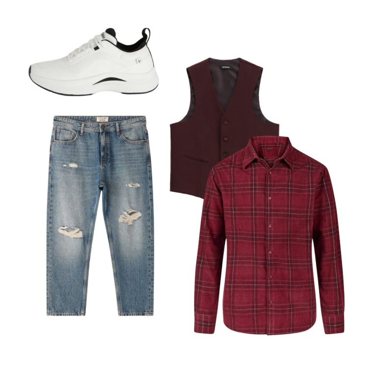 Outfit uomo - Strano. Abbinamento con gilet, jeans strappati, camicie, sneakers.