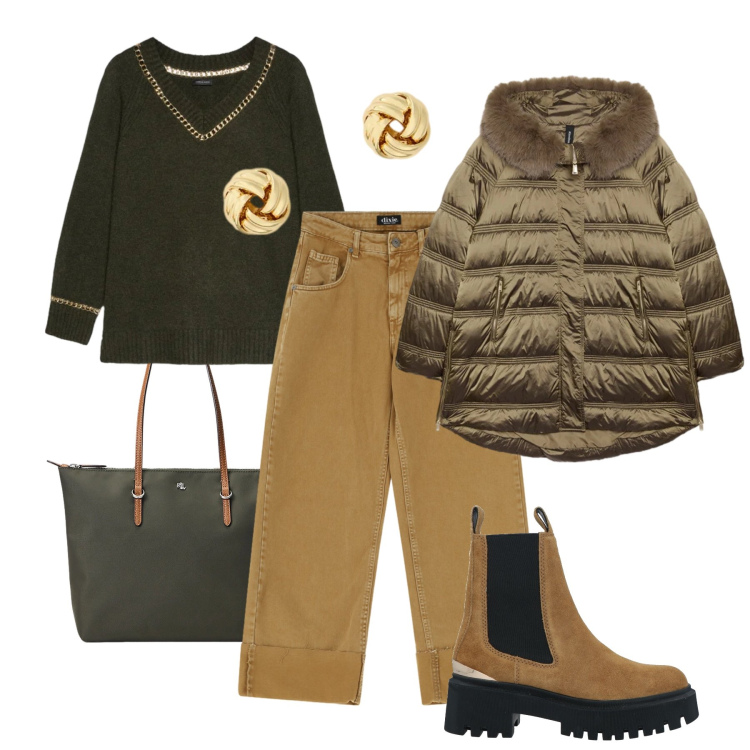 Outfit donna - Dettagli luminosi in città. Stile Sporty chic per Tutti i giorni. Abbinamento con stivaletti chelsea, piumini, maglieria, pantaloni a palazzo, borse tote, orecchini.