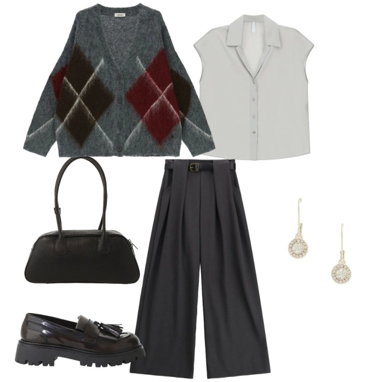 Outfit donna - Serata glam in montagna. Stile Casual chic per Tutti i giorni. Abbinamento con camicie a manica corta, pantaloni a palazzo, mocassini, borse a mano, cardigans, orecchini.