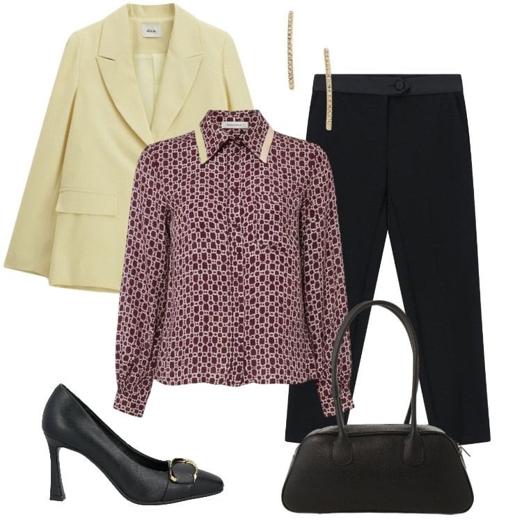 Outfit donna - Total look #2339236. Stile Casual chic per Ufficio. Abbinamento con décolleté, camicie, pantaloni, orecchini, blazer, borse a mano.