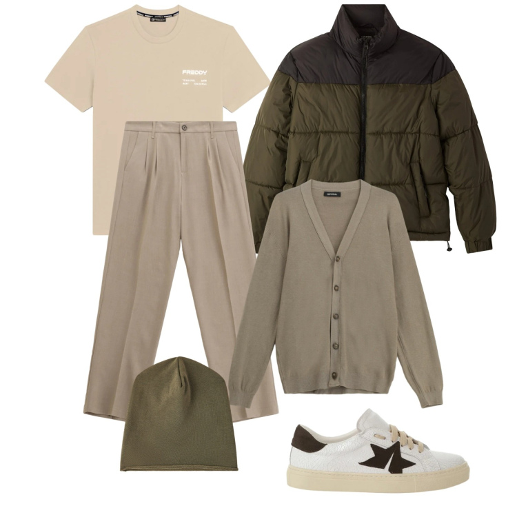 Outfit uomo - Casual. Stile Urban per Tutti i giorni. Abbinamento con pantaloni, cardigans, sneakers, bomber, berretti, t-shirt sportive.