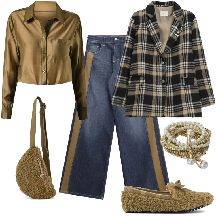 Outfit donna - Total look #2339306. Stile Trendy per Ufficio. Abbinamento con blazer, braccialetti, jeans a zampa, camicie, marsupi, mocassini.