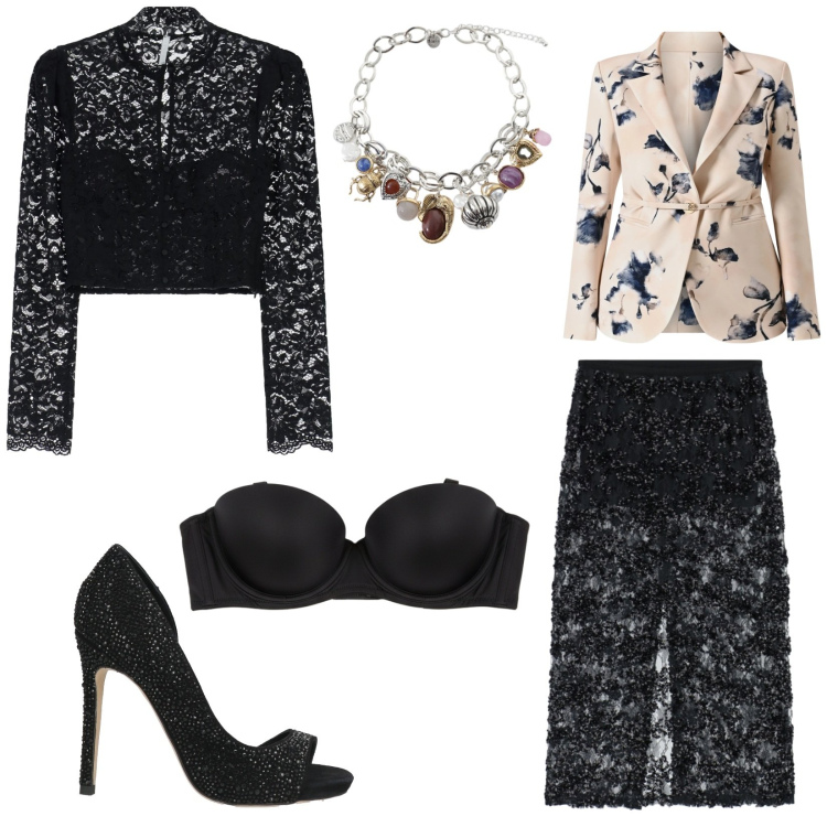 Outfit donna - Elegante Femminilità. Stile Glamour per Serata fuori. Abbinamento con décolleté, gonne longuette, bluse, braccialetti con ciondoli, reggiseni, blazer.