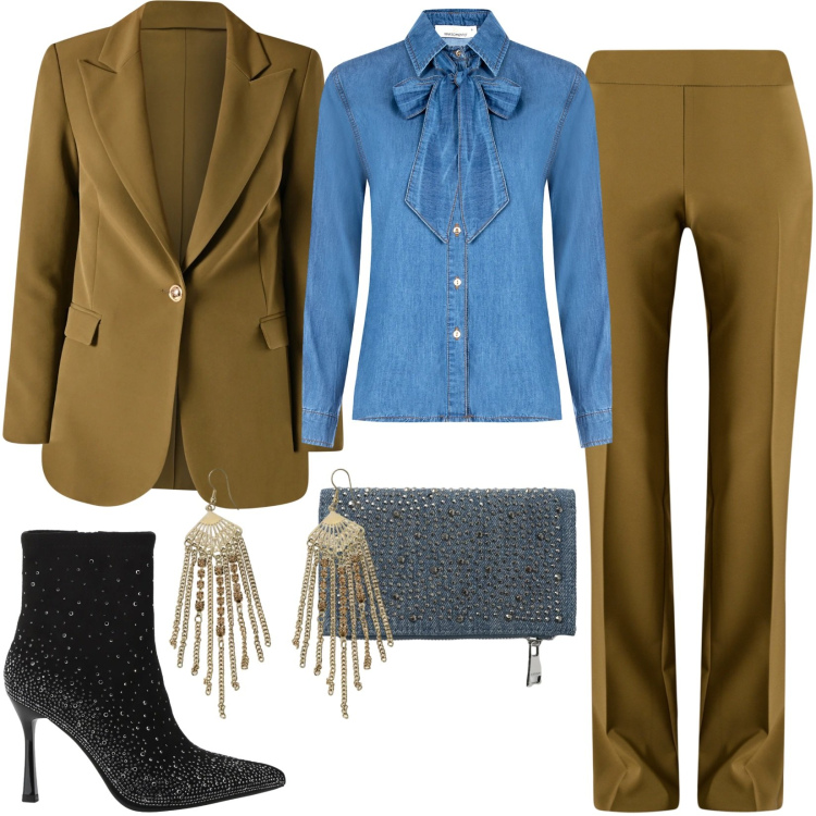Outfit donna - La giornata della donna. Stile Chic per Serata fuori. Abbinamento con portafogli, stivaletti, orecchini, pantaloni, blazer, camicie.
