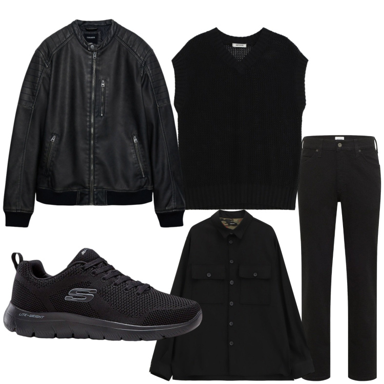 Outfit uomo - Il fascino del total look. Stile Biker Rock per Serata speciale. Abbinamento con sneakers, jeans dritti, giacche, maglieria, camicie.