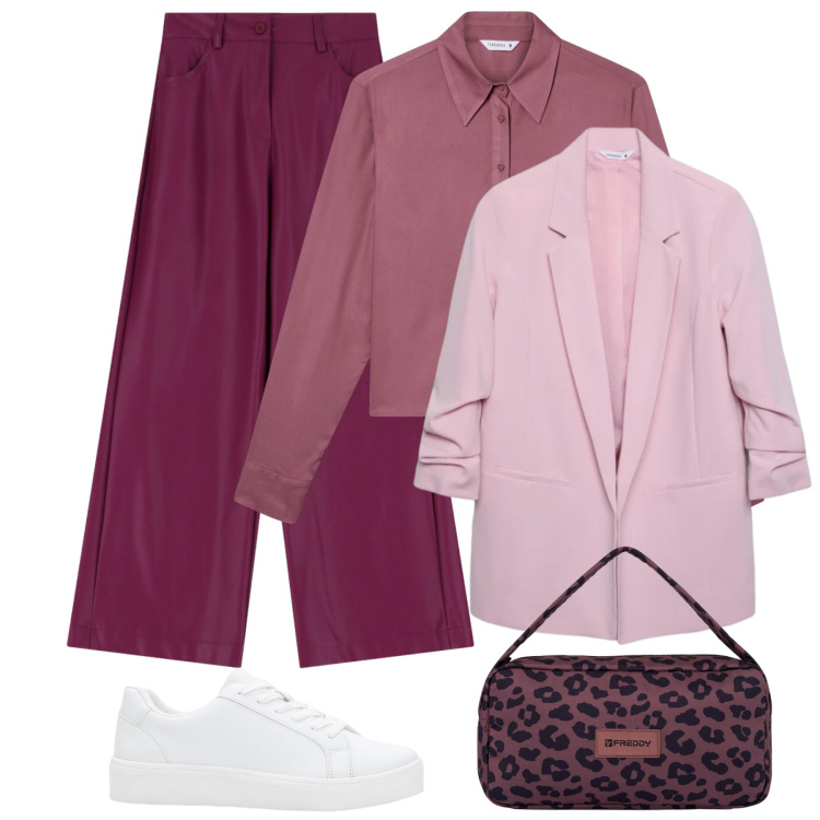 Outfit donna - Tono su tono. Stile Glamour per Tutti i giorni. Abbinamento con sneakers, camicie, blazer, pantaloni a palazzo, borse a spalla.