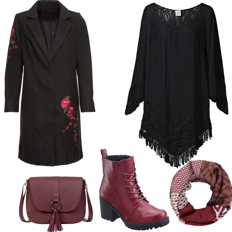 Outfit donna - Economi. Stile Trendy per Tutti i giorni. Abbinamento con vestiti da spiaggia, cappotto con ricamo e bottoni nero, stivaletti con stringhe rosso, borsa a tracolla sport rosso, sciarpina.