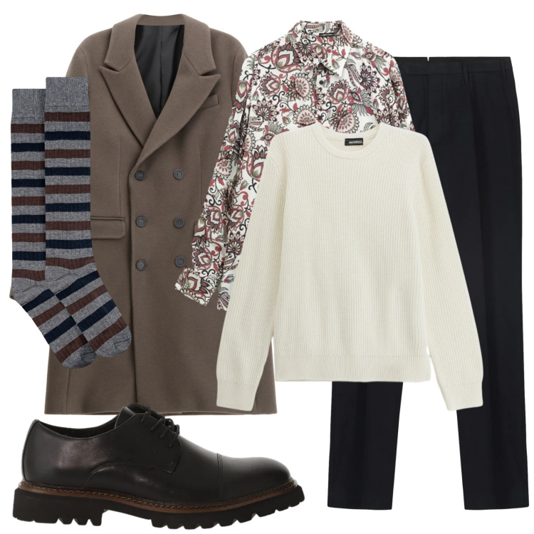 Outfit uomo - Lunedì con brio. Stile Trendy per Tutti i giorni. Abbinamento con scarpe stringate, camicie, cappotti, maglieria, calzini, pantaloni.