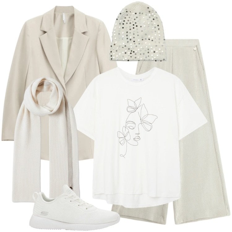 Outfit donna - Total look #2339354. Stile Sporty chic per Ufficio. Abbinamento con sneakers, berretti, t-shirt, sciarpe, pantaloni a palazzo, blazer.