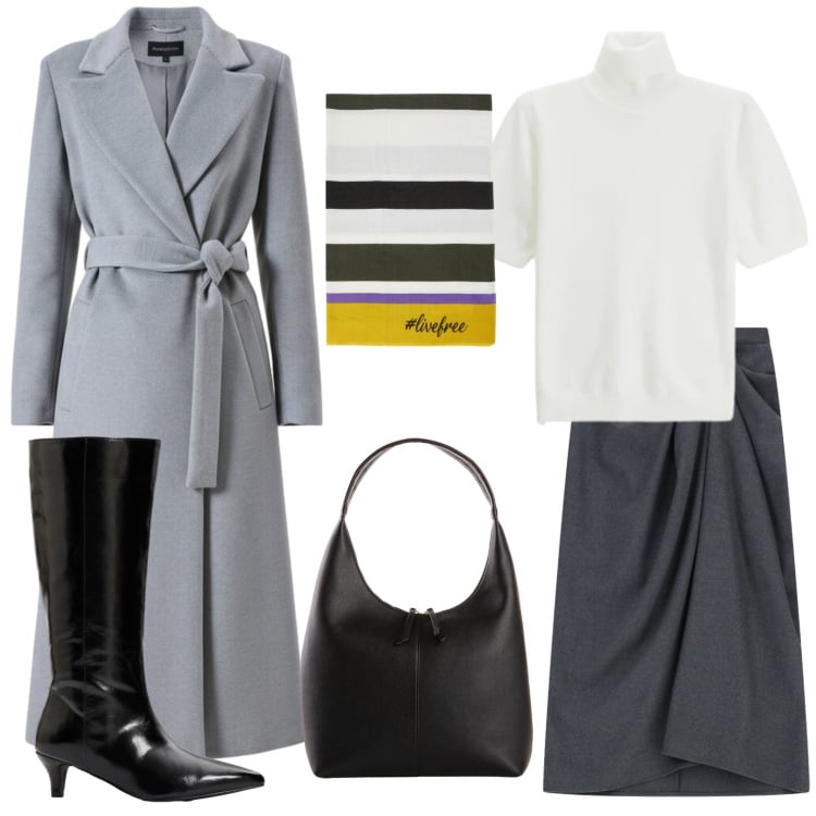 Outfit donna - Cappotto grigio. Stile Chic per Tutti i giorni. Abbinamento con shopping bag, stivali, sciarpe, gonne longuette, maglieria, cappotti.