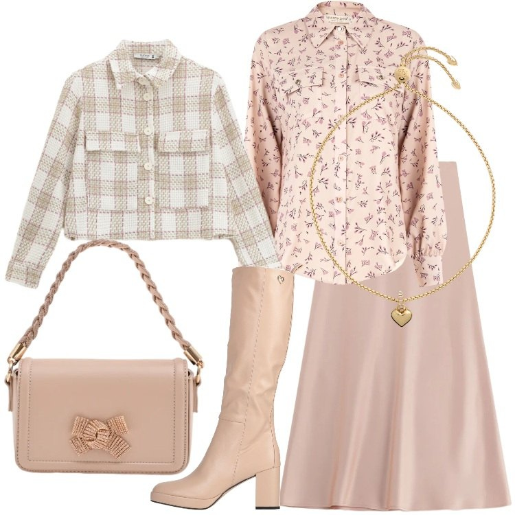 Outfit donna - Febbraio in tonalità soft Curvy Style. Stile Romantica per Ufficio. Abbinamento con stivali, gonne lunghe, cappotti, camicie, pochette, braccialetti.