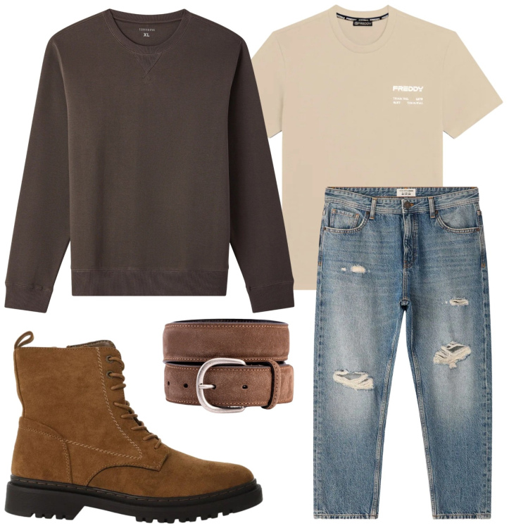 Outfit uomo - Total look #2339362. Stile Casual per Tutti i giorni. Abbinamento con felpe, jeans strappati, anfibi, t-shirt sportive, cinture.