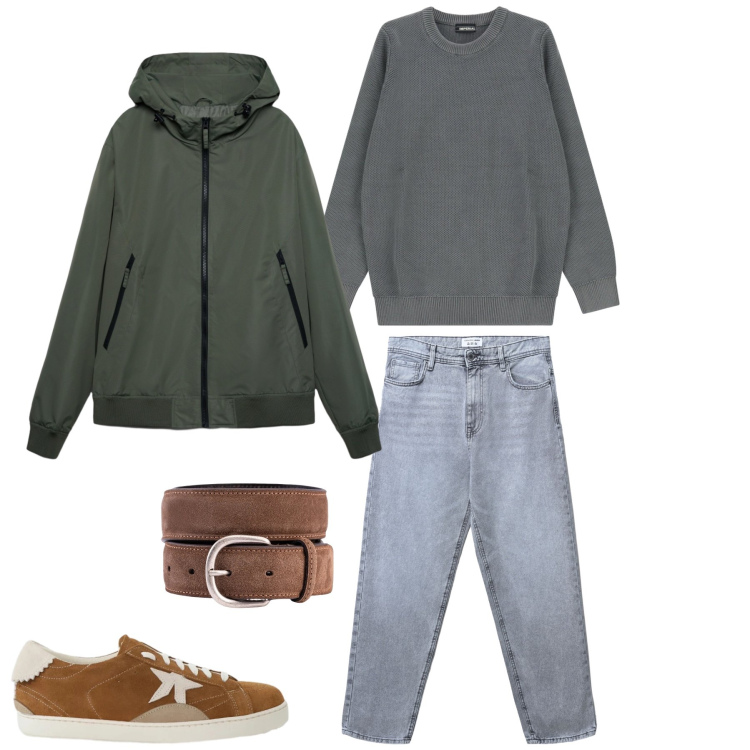 Outfit uomo - Casual in Grigio e Verde Salvia. Stile Urban per Tutti i giorni. Abbinamento con pullovers, sneakers, jeans, giacche sportive, cinture.