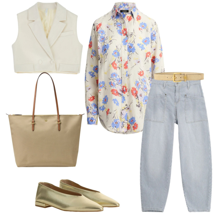 Outfit donna - Total look #2339367. Stile Casual chic per Tutti i giorni. Abbinamento con gilet, ballerine, jeans, camicie, cinture, borse tote.