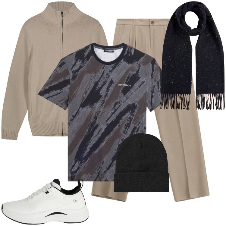 Outfit uomo - Total look #2339368. Stile Trendy per Ufficio. Abbinamento con pantaloni, berretti, sneakers, t-shirt, sciarpe, cardigans.