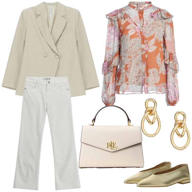 Outfit donna - Total look #2339369. Stile Casual chic per Ufficio. Abbinamento con camicie, blazer, ballerine, jeans, orecchini, borse a mano.