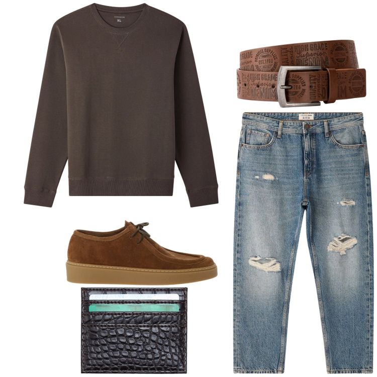 Outfit uomo - Total look #2339370. Stile Urban per Tutti i giorni. Abbinamento con cinture, scarpe stringate, felpe, jeans strappati, portafogli.