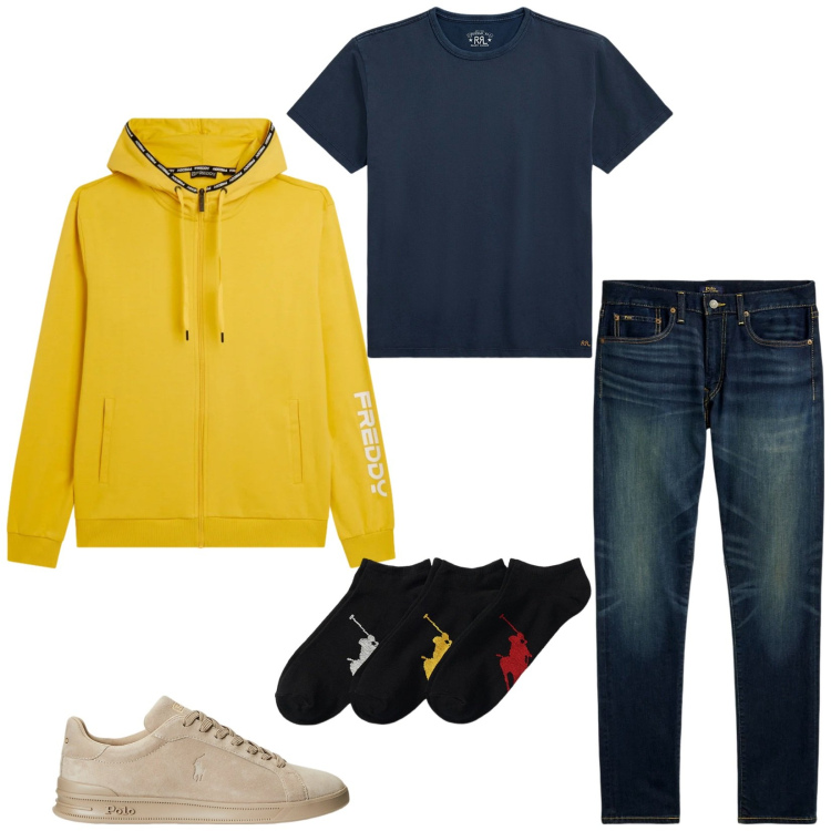 Outfit uomo - Total look #2339372. Stile Casual per Tutti i giorni. Abbinamento con felpe con cappuccio, sneakers, calzini, jeans, t-shirt.