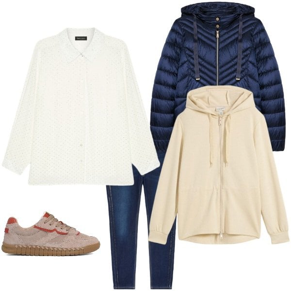 Outfit donna - Total look #2339373. Abbinamento con felpe con cappuccio, piumini, jeggings, camicie, sneakers.
