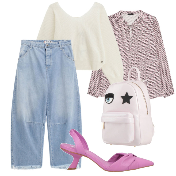 Outfit donna - Febbraio in tonalità soft. Stile Casual chic per Tutti i giorni. Abbinamento con décolleté, zaini, bluse, jeans, maglieria.