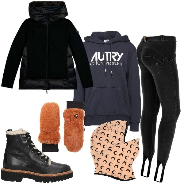 Outfit donna - Settimana bianca - @antonellal. Stile Sporty chic per Sport. Abbinamento con stivaletti, felpe con cappuccio, guanti, cappelli, jeggings, piumini.