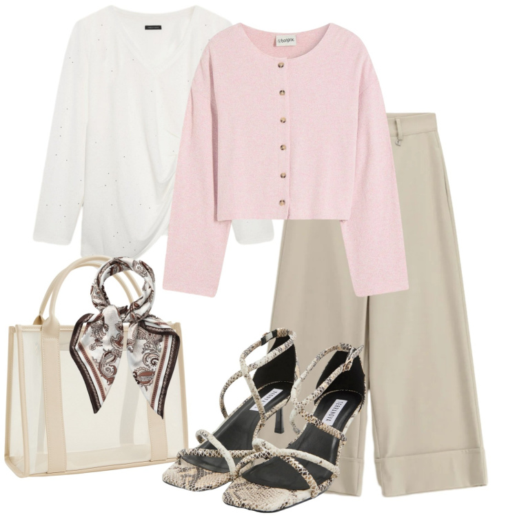 Outfit donna - Febbraio in tonalità soft. Stile Romantica per Tutti i giorni. Abbinamento con cardigans, borse tote, foulard, sandali col tacco, t-shirt, pantaloni a palazzo.