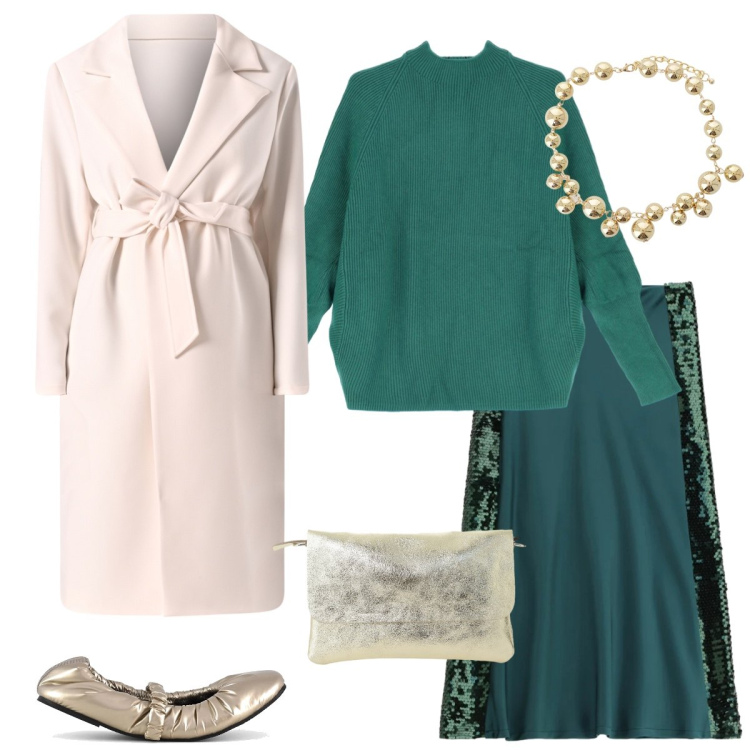 Outfit donna - Total look #2339438. Stile Casual chic per Tutti i giorni. Abbinamento con borse a spalla, maglieria, collane, gonne lunghe, cappotti, ballerine.