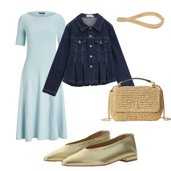 Outfit donna - l\'abito chiaro. Stile Casual per Serata fuori. Abbinamento con ballerine, blazer, vestiti, braccialetti, borse a spalla.