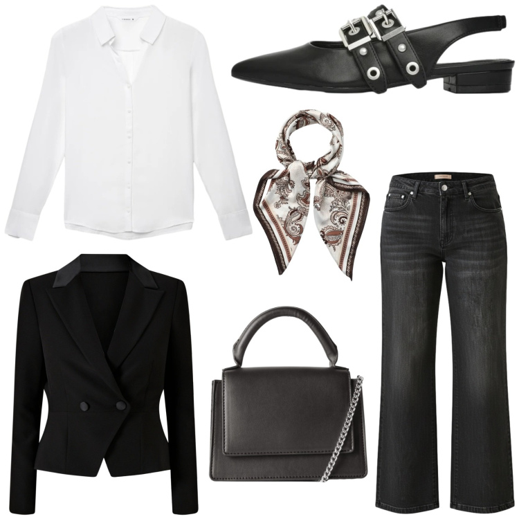 Outfit donna - Denim in ufficio. Stile Trendy per Ufficio. Abbinamento con borse a tracolla, ballerine, foulard, camicie, jeans, blazer.