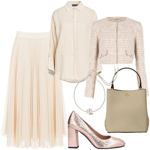 Outfit donna - Febbraio in tonalità soft - Focus Donna. Stile Bon Ton per Cerimonia. Abbinamento con camicie, décolleté, gonne longuette, blazer, braccialetti, borse a secchiello.